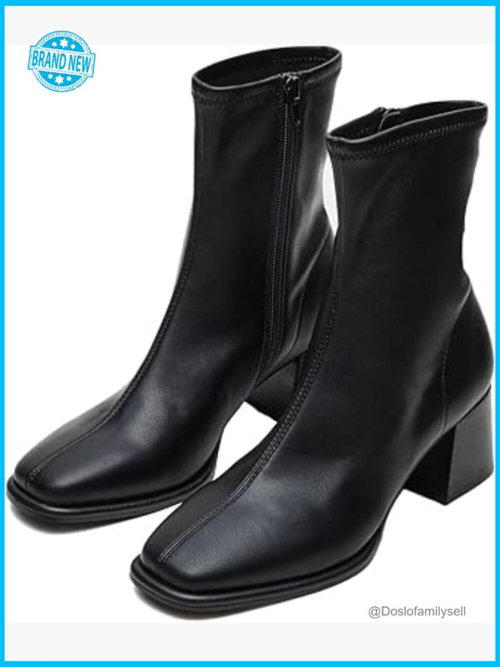 Chunky Square Toe Ankle Boots Side Zipper Block Heel Dressy Comfortable Bootie